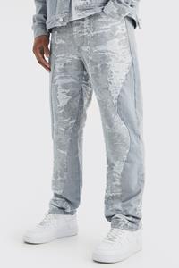 Boohoo Gesplitste Jacquard En Denim Jeans Met Rechte Pijpen, Light Grey