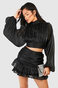 Boohoo Shimmer Textured Ruched Pep Hem Mini Skirt, Black