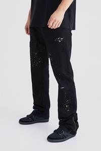 Boohoo Tall Slim Stacked Zip Flare Paint Splatter Cargo Trouser, Black
