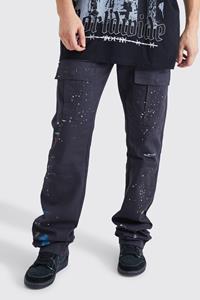 Boohoo Tall Slim Stacked Zip Flare Paint Splatter Cargo Trouser, Charcoal