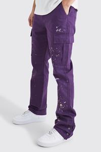 Boohoo Tall Slim Flare Popper Hem Paint Splatter Cargo Trouser, Purple