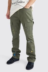 Boohoo Tall Slim Flare Gusset Paint Splatter Cargo Trouser, Khaki