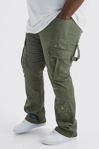Boohoo Plus Slim Flare Gusset Paint Splatter Cargo Trouser, Khaki