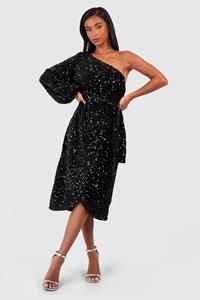 Boohoo Petite Velvet Sequin Asymmetric Wrap Midi Dress, Black