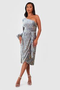 Boohoo Petite Velvet Sequin Asymmetric Wrap Midi Dress, Silver