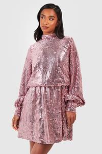 Boohoo Petite Heavy Sequin High Neck Skater Dress, Blush