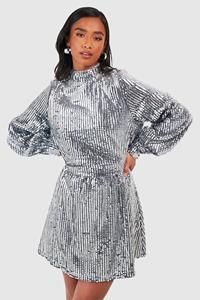 Boohoo Petite Heavy Sequin High Neck Skater Dress, Silver