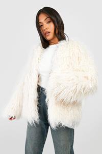 Boohoo Petite Mongolian Faux Fur Jas, Cream