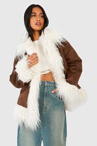 Boohoo Petite Nep Suède Jas Met Faux Fur Zoom, Chocolate