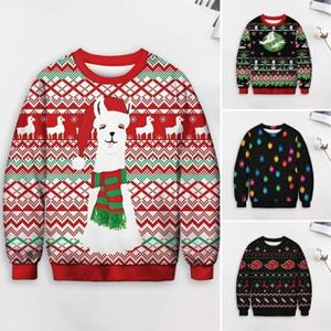 Manshanwangluo Men Winter Christmas Sweater Colorful 3D Print Knit Round Neck Thick Soft Warm Long Sleeve Elastic Anti-pilling Couple Sweater New Year Clothes