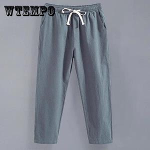WTEMPO Men's Summer Linen Ninth Pants Loose Straight Casual Trousers Thin Cotton Linen Pants Youth Sweatpants Adjustable Elastic Waist Pants
