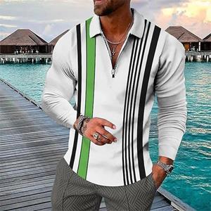 Haodingfushi Autumn Fashion Casual Long Sleeve +Short Sleeve Stripe Splicing Printed Polo Shirt for Men High Street Top