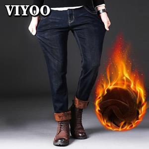 VIYOO Plus Velvet Winter Pants Men's Fleece Black Blue Jeans Business Casual Warm Clothes Thicken Stretch Denim Trousers Male Brand Pants