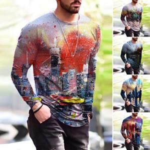 KYUSHUAD Men Autumn Shirt Colorful Long Sleeves Printing Crew Neck Pullover Breathable Artistic Scenery Print Autumn Tops
