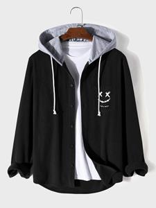 ChArmkpR Mens Smile Face Embroidery Corduroy Drawstring Hooded Shirt Jacket