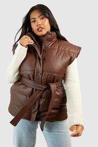 Boohoo Plus Faux Leather Belted Gilet, Chocolate