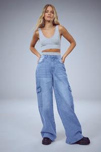 Boohoo Wide Leg Cargo Jeans, Washed Blue