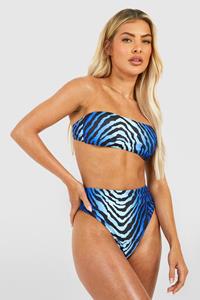 Boohoo Blauwe Zebraprint Bandeau High Waist Bikini Set, Blue