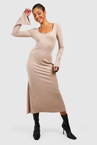 Boohoo Wide Rib Flare Sleeve Midaxi Dress, Mocha