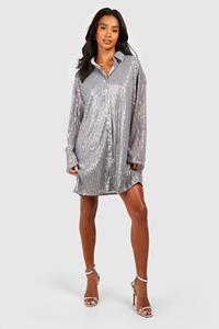 Boohoo Petite Sequin Shirt Dress, Silver