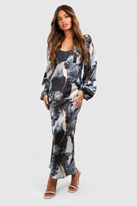 Boohoo Marble Print Blouson Sleeve Midaxi Dress, Charcoal