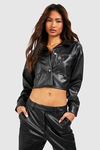 Boohoo Tall Faux Leather Pocket Detail Crop Oversized Jacket, Black