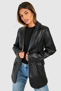Boohoo Leather Look Plunge Front Fitted Blazer, Black
