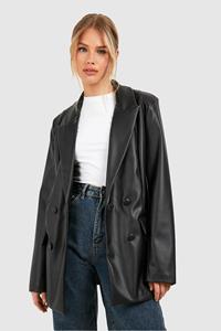 Boohoo Leather Look Double Breasted Relaxed Fit Blazer, Black
