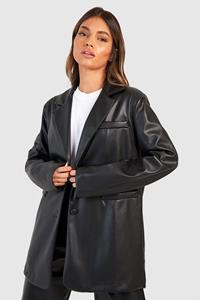 Boohoo Leather Look Single Breasted Relaxed Fit Blazer, Black