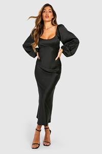 Boohoo Satijnen Midaxi Jurk Met Shirtmouwen, Black