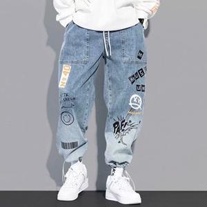 Bella vie Mannen beletterde print jeans losse cartoon graffiti leggings trekkoord broek