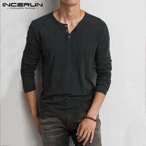 INCERUN Men's Spring Cotton Undershirt Casual Comfy V-Neck Long Sleeve Shirt