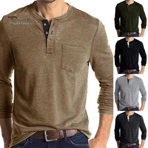 SOUTONG Mannen O Hals Herfst Winter Effen Kleur Lange Mouw Pocket Shirt Knopen Hals Pullover Top voor