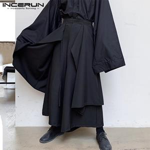 INCERUN Onregelmatige Hip Hop Mannen Straight Skirt Broek Harajuku Streetwear Zwart Geplooid Schort Gothic Jogger Broek