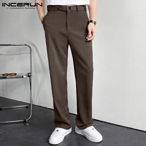 INCERUN Autumn Business Mens Fashion Straight Long Pants Solid Color Casual Loose High Waist Maxi Suit Trouser Plus Size