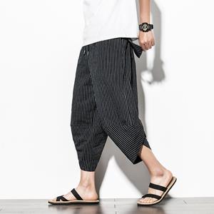 Trending Online Harajuku casual harembroek met wijde pijpen mannen 2022 zomer katoenen baggy broek gestreepte kalfslengte broek