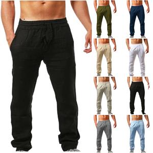 Didadi 2 (Qunide) Men's Loose Casual Solid Color Cotton Linen Trousers Elastic Tie Straight Pants