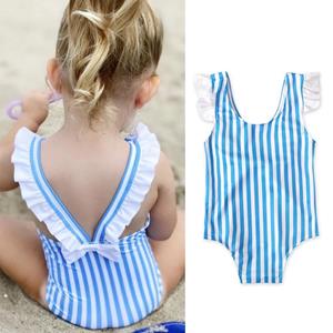 Kids clothing center Baby Kids Meisjes Blauw Gestreepte Bowknot Eendelige Badmode Backless Zwempakken voor 1-5 jaar