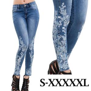 TuoHai Hoge taille luxe borduurwerk kralen jeans skinny broek strass elastisch