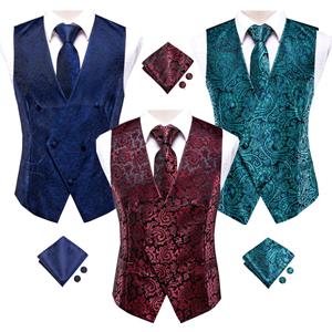 Hi-Tie Mode Heren Pak Vest Rood Blauw Paisley Vest Stropdas Hanky ​​Manchetknopen Set voor Bruiloft