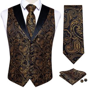 Dibangu zijden pak vest voor mannen zwart goud jacquare vest stropdas Hanky manchetknopen 4pc