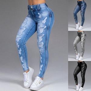 Fashion bag02 Vrouwen Fashion Sexy Gescheurde Hoge Taille Jeans Strakke Denim Broek PLUS MAAT S-6XL