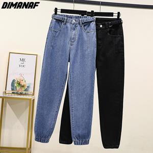Dimanaf Plus Size Vrouwen Jeans Solid Pants Harem Denim Vrouwelijke Elastische Basic Blauw Oversize Mode Nieuwe Broek 4XL 5XL