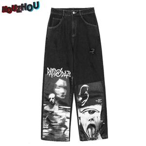 HOUZHOU Gothic Baggy Jeans Vrouwen Punk Hippie Streetwear Oversize Print Broek met wijde pijpen Harajuku Grunge Denim Broek Vintage 90s Y2K