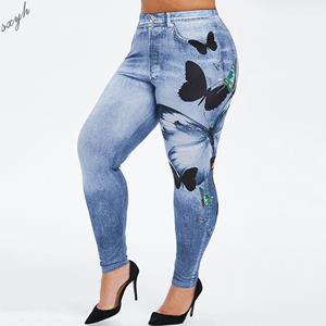 Reset V Vrouwen Zomer Fashion Jeans Butterfly Print Casual Leggings Hoge Taille Casual Slanke Knoop Potlood Jeans Plus Size