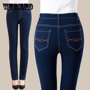 WTEMPO Hoge taille stretch jeans vrouwen recht geborduurde denim broek grote maat losse jeans broek lente en herfst lange casual denim broek