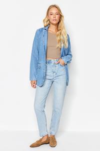 Trendyol Blauwe dubbele knoop Hoge taille Mom Jeans TWOSS21JE0153.