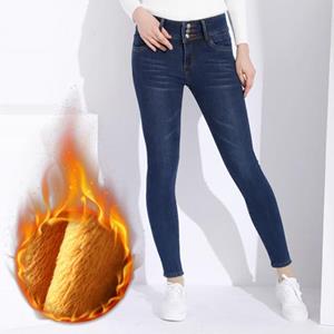 Xigege Damesjeans met hoge taille Fluweel Mom Stretch Vintage Jeans Warm Dames Plus Size Hoge taille Denim