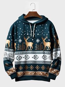 ChArmkpR Mens Christmas Elk Snowflake Print Long Sleeve Drawstring Hoodies Winter
