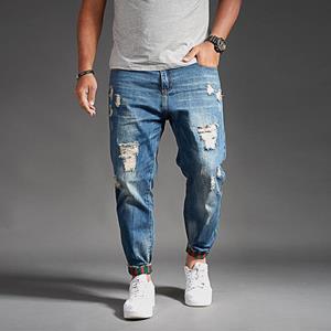 Qian-2 Mannen gaten Jeans Denim broek Street Wear Fashion voeten gescheurde jeans Distressed Slim Fit Denim broek